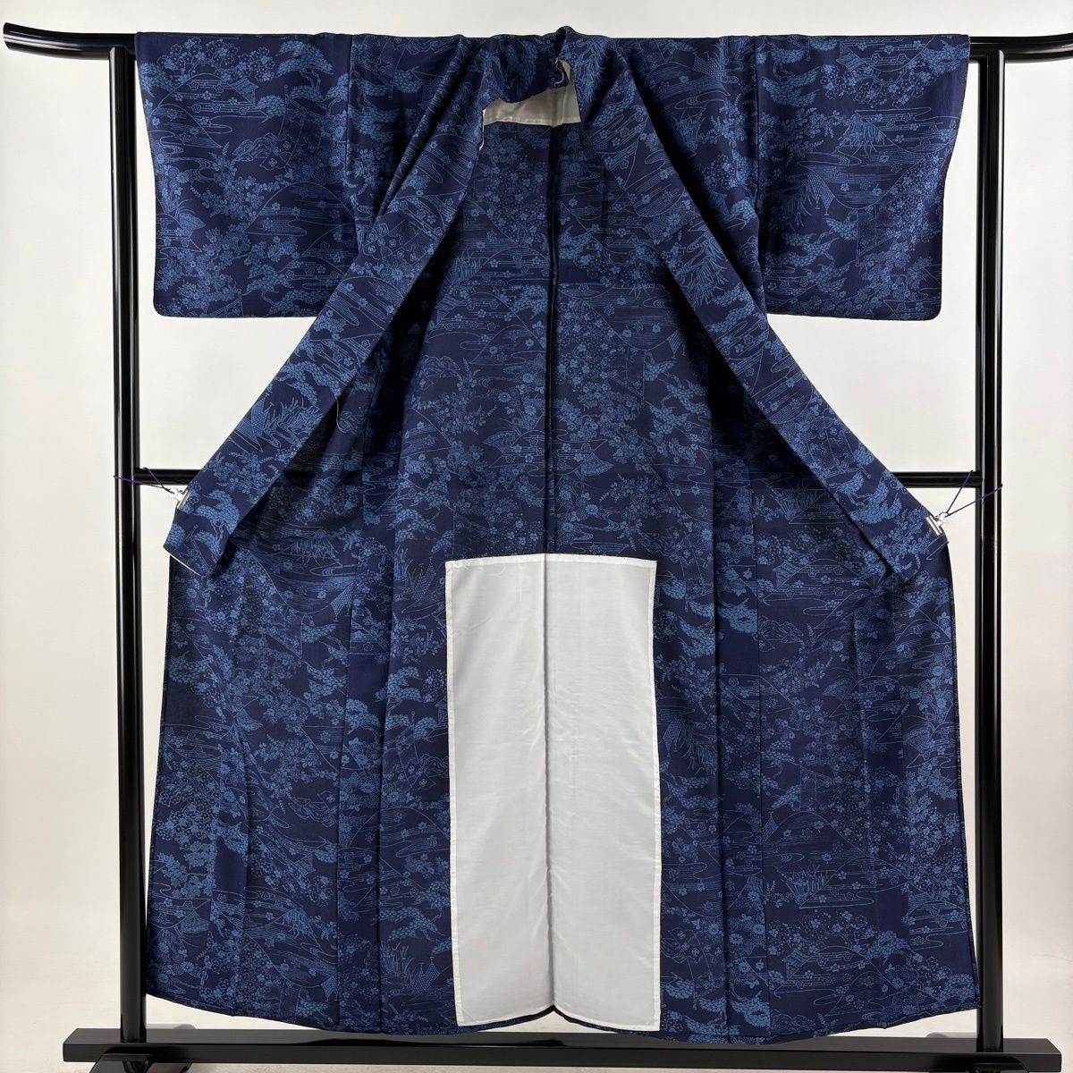 小紋 身丈155cm 裄丈63cm S 単衣 草花 流水 紺色 正絹 優品 【中古 