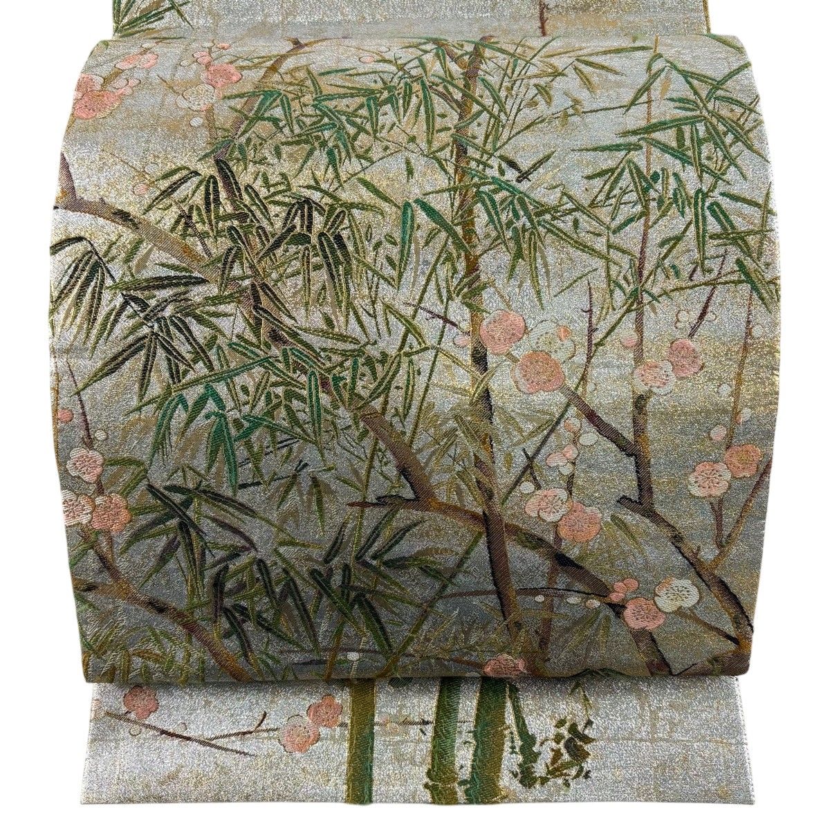 丸帯 逸品 リバーシブル 雪松図屏風 雨竹風竹図屏風 金糸 箔 銀色 お太鼓柄 正絹 【中古】