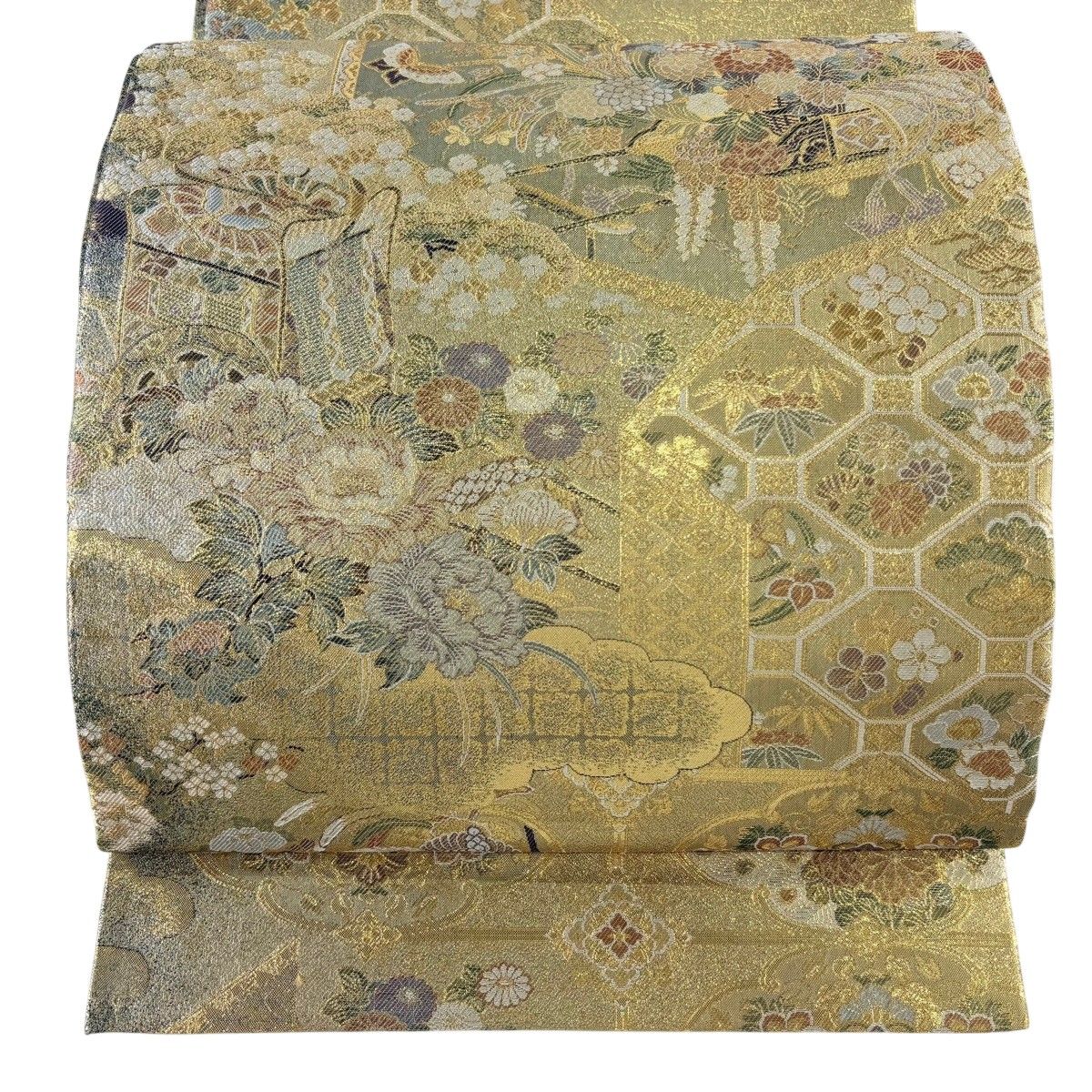 【美品】 丸帯 逸品 御所車 蜀江文 金糸 箔 金色 お太鼓柄 正絹 【中古】