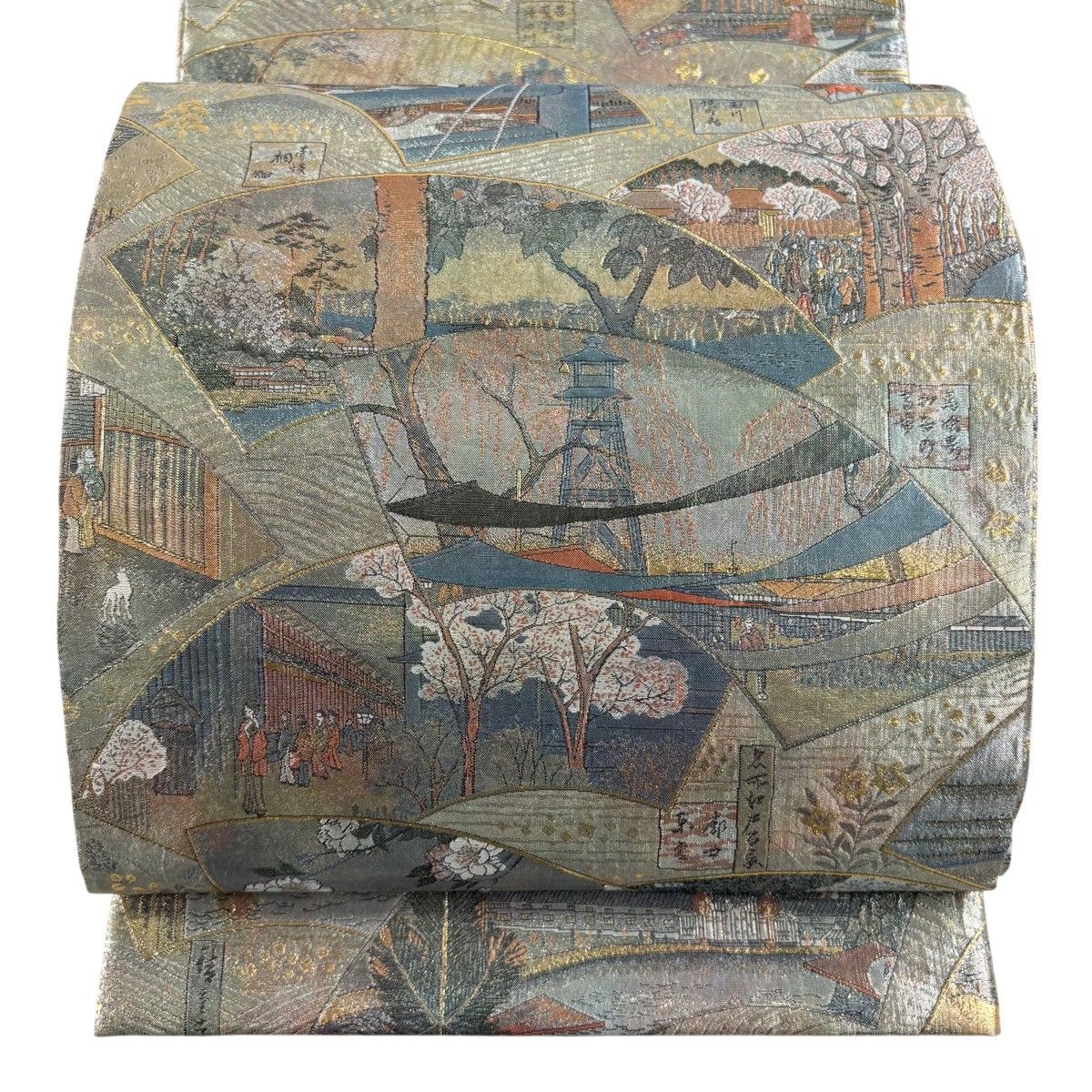 丸帯 名品 廣重 名所大江戸百景 二十四金プラチナ二重箔 青灰色 お太鼓柄 正絹 【中古】