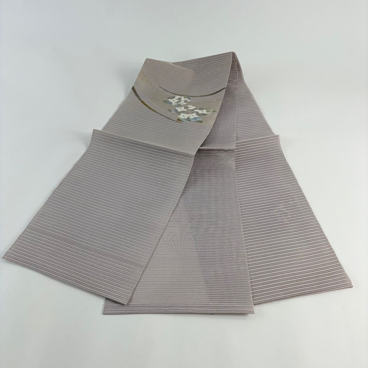 名古屋帯 優品 夏帯 絽 八寸名古屋帯 紫陽花 金銀糸 灰紫 正絹 【中古