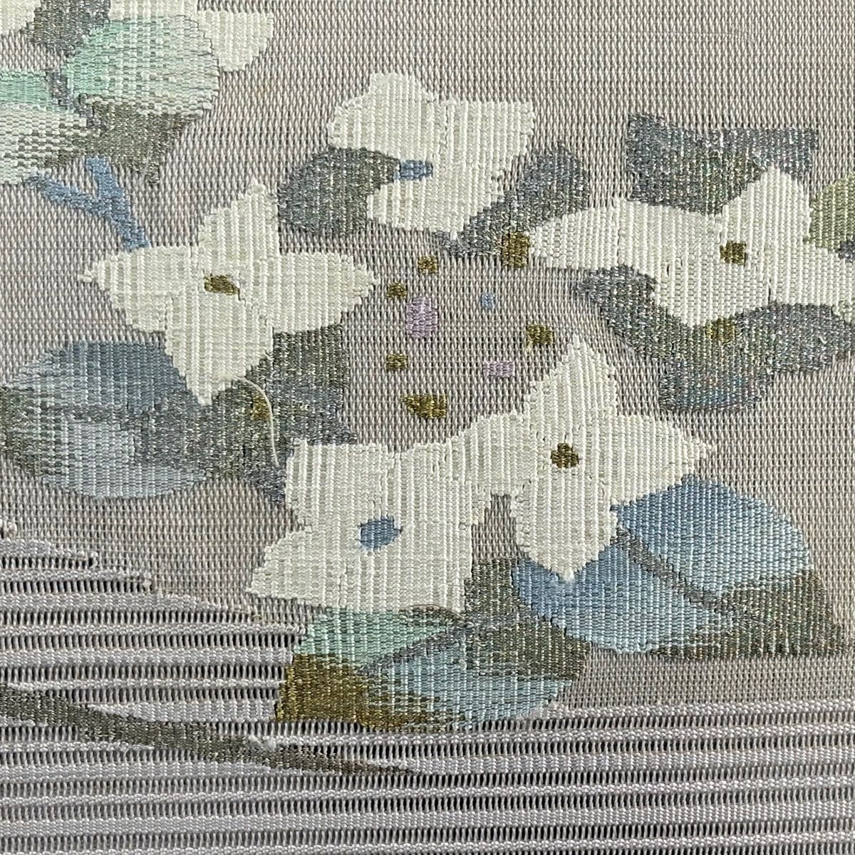 名古屋帯 優品 夏帯 絽 八寸名古屋帯 紫陽花 金銀糸 灰紫 正絹 【中古