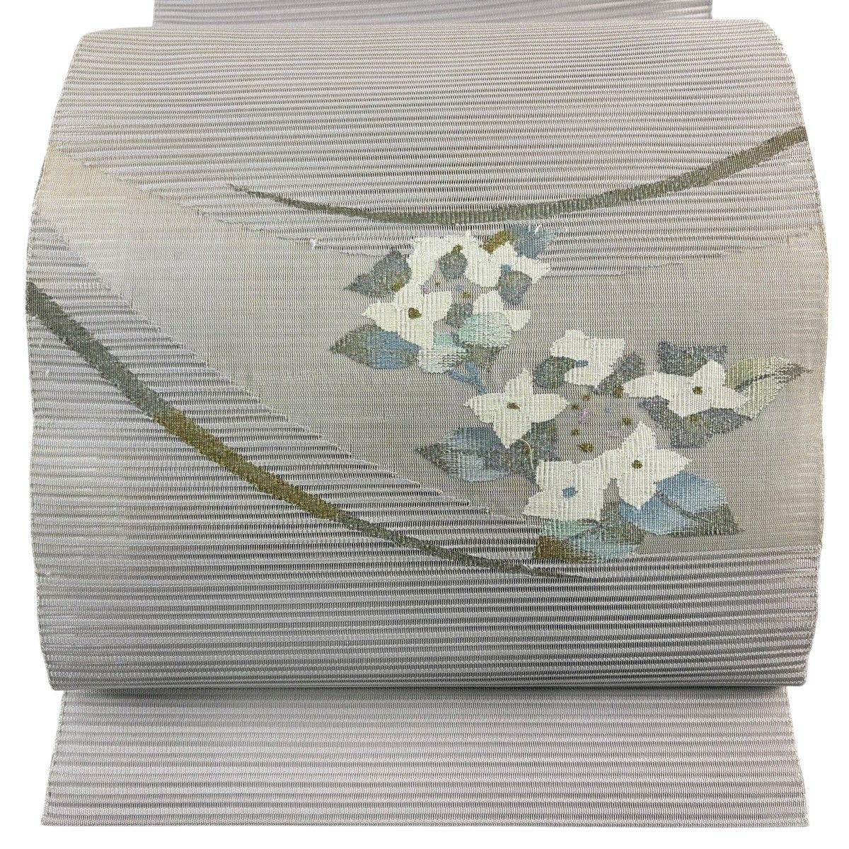 名古屋帯 優品 夏帯 絽 八寸名古屋帯 紫陽花 金銀糸 灰紫 正絹 【中古