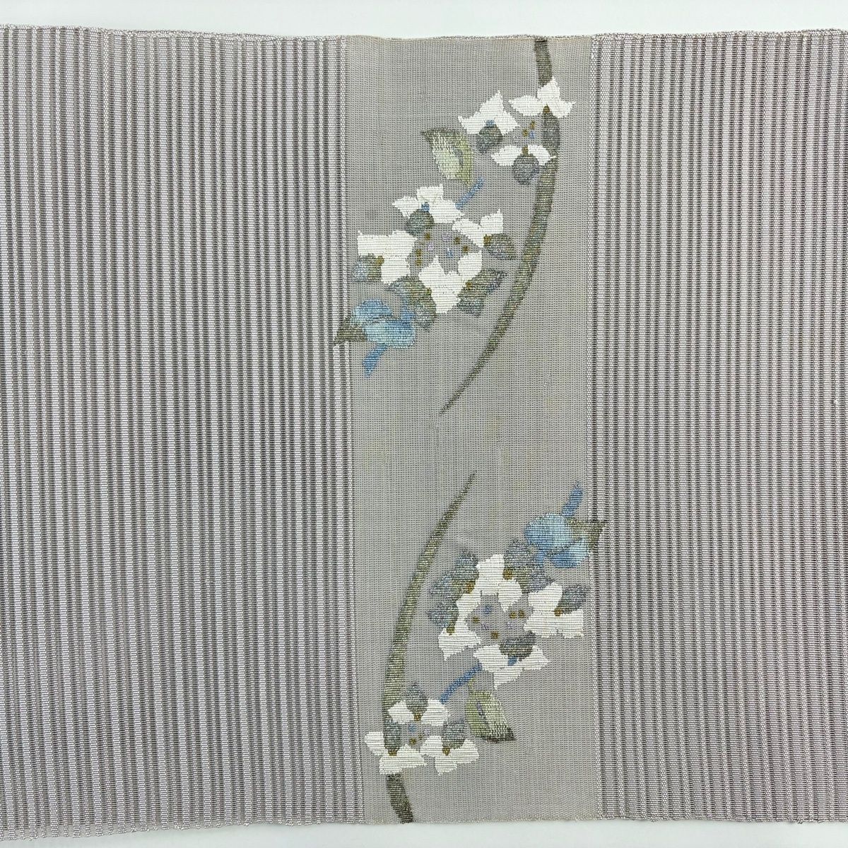 名古屋帯 優品 夏帯 絽 八寸名古屋帯 紫陽花 金銀糸 灰紫 正絹 【中古