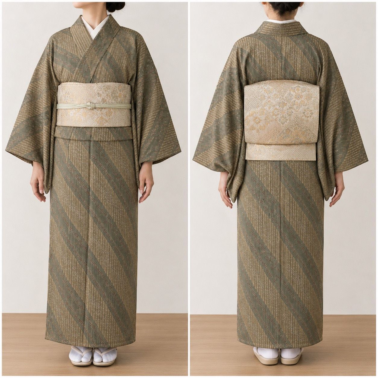 着物のみ K131 美品 洗える着物 単衣 梅 縦縞 ストライプ ポリエステル 和装