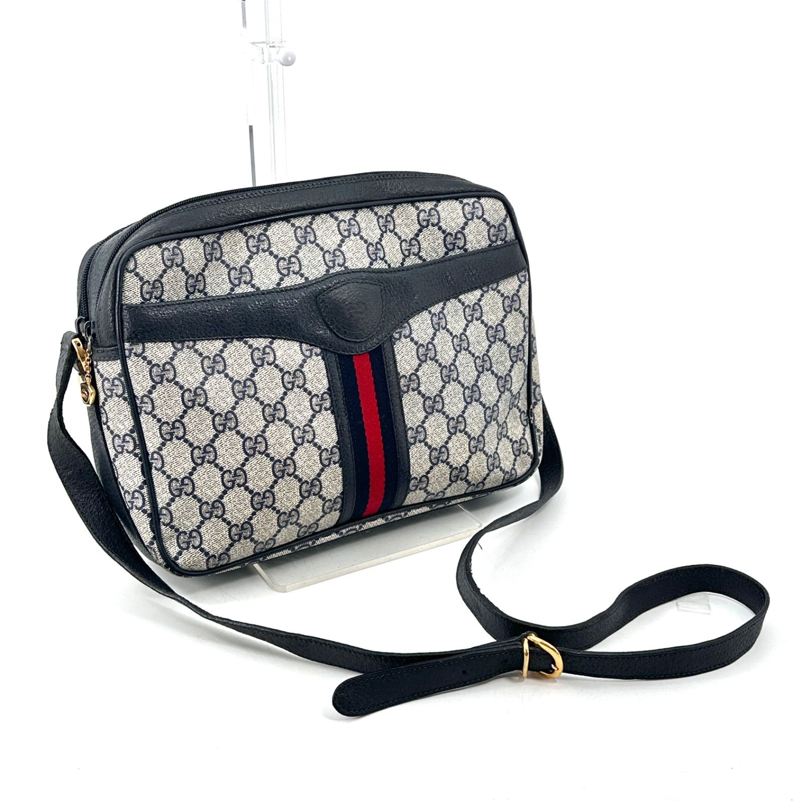 GUCCI シェリーライン ショルダーバッグ ネイビー PVC レザー オールド 