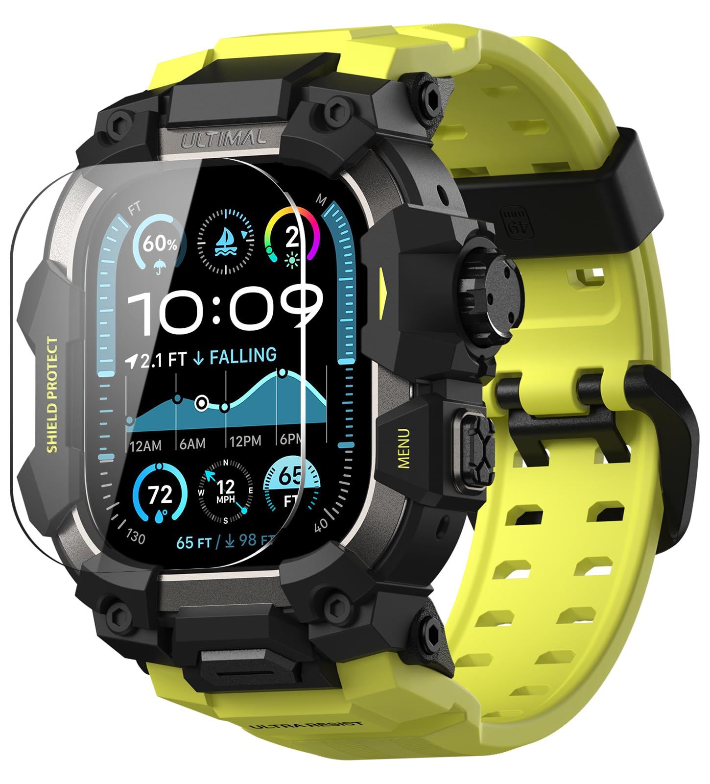 新品 ULTIMAL に対応 Apple Watch Ultra 3/Ultra 2/Ultra（49mm）用 バンド一体型保護ケース 強化ガラスフィルム付き TPU 耐衝撃 高耐久 簡単装着 通気性 アウトドア/スポーツ向け 蛍光グリーン