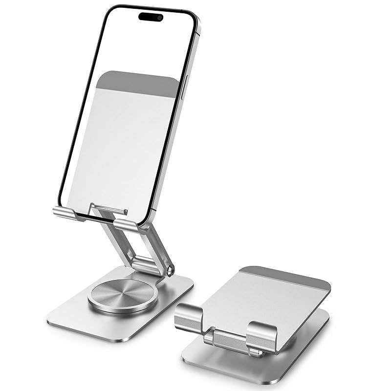 Smartphone stand, cell phone stand, desktop, aluminum alloy, stepless 360 degree rotation, stable height adjustment, anti-slip, strong fixed stand, foldable for watching videos, for the office, iPhone 17 Air 16 15 14 plus promax 13 mini pro max se 1