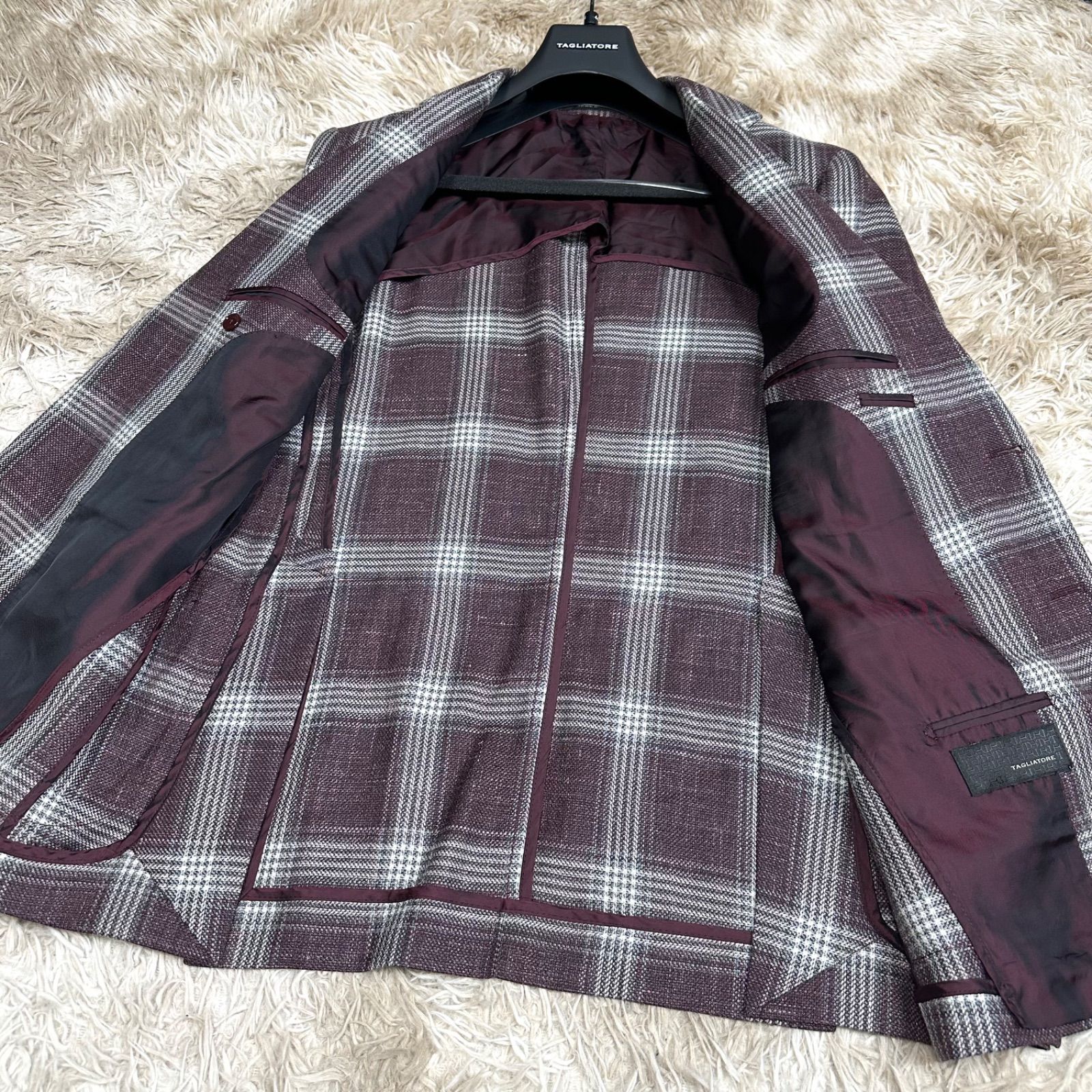 TAGLIATORE 春夏用ビジネスジャケット 46 シルク&リネン】TAGLIATORE テーラードジャケット チェック 48 背抜き