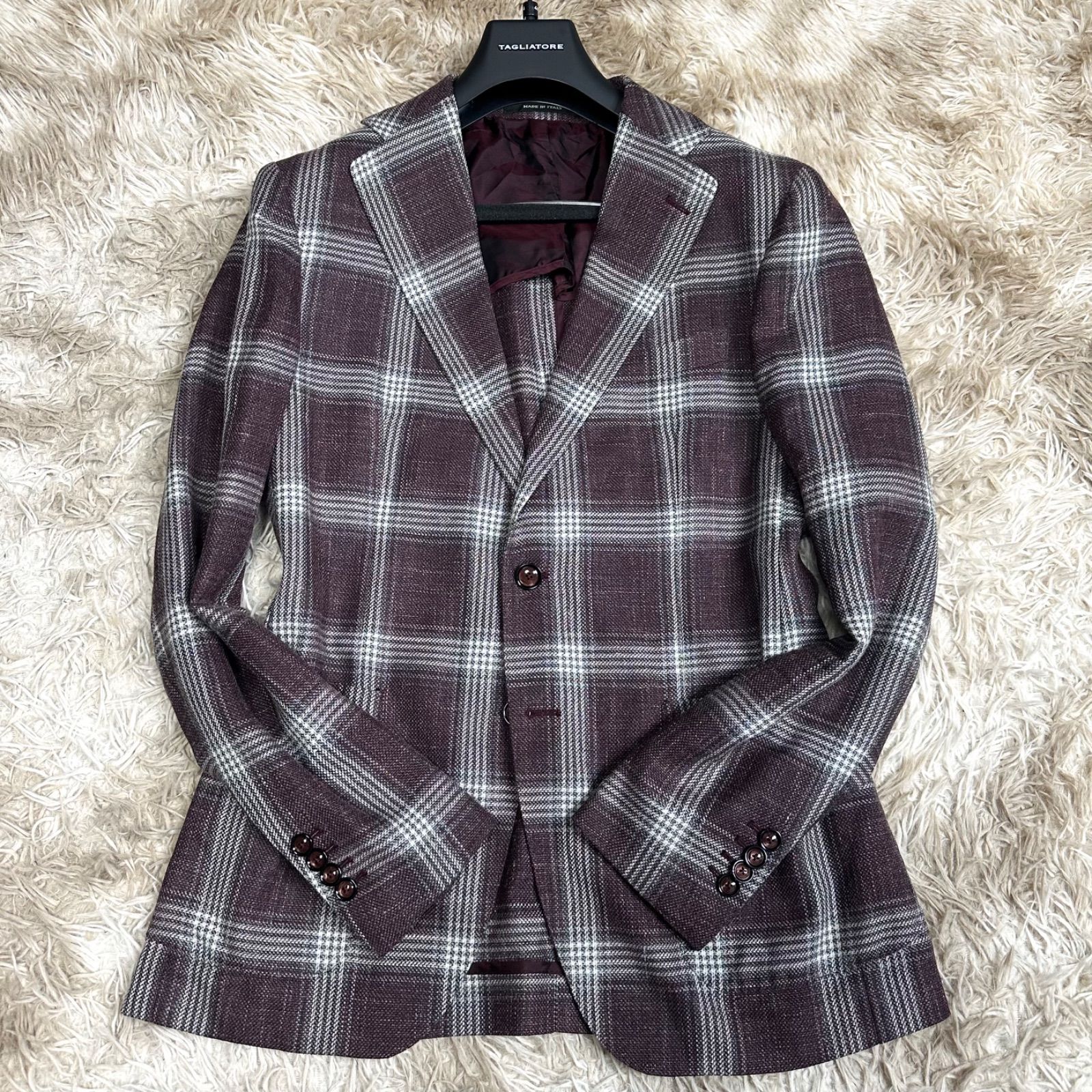 シルク&リネン】TAGLIATORE テーラードジャケット チェック 48 背抜き