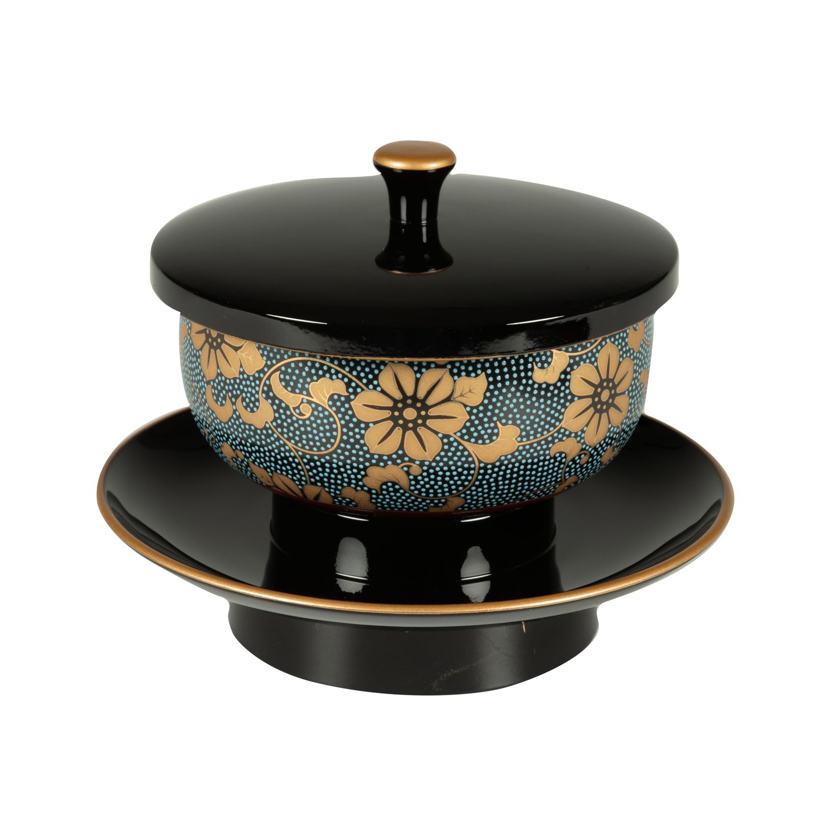 新品 サンメニー 本格 九谷焼 茶碗 付 茶台 茶托 山中漆器 日本製 お手軽 仏具 お盆 法事 に 定番 仏具 おちゃわん シンプル 供養 仏具 現代仏壇 お仏壇 仏具小物 4.2寸 黒 (フチ金) 青粒鉄仙 毎日のお供え お参りに 手元供養 ペット 供養