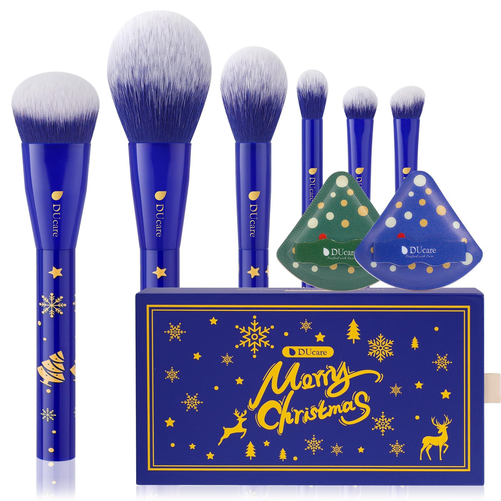 DUcare メイクブラシ 6本セット ＋クッションパフ クリスマス化粧ブラシ 化粧筆 ファンデーションブラシ アイシャドウブラシ フェイスブラシ 厳選した極細毛をたっぷり使用 メイク道具 プレゼント ブルーM0605 1