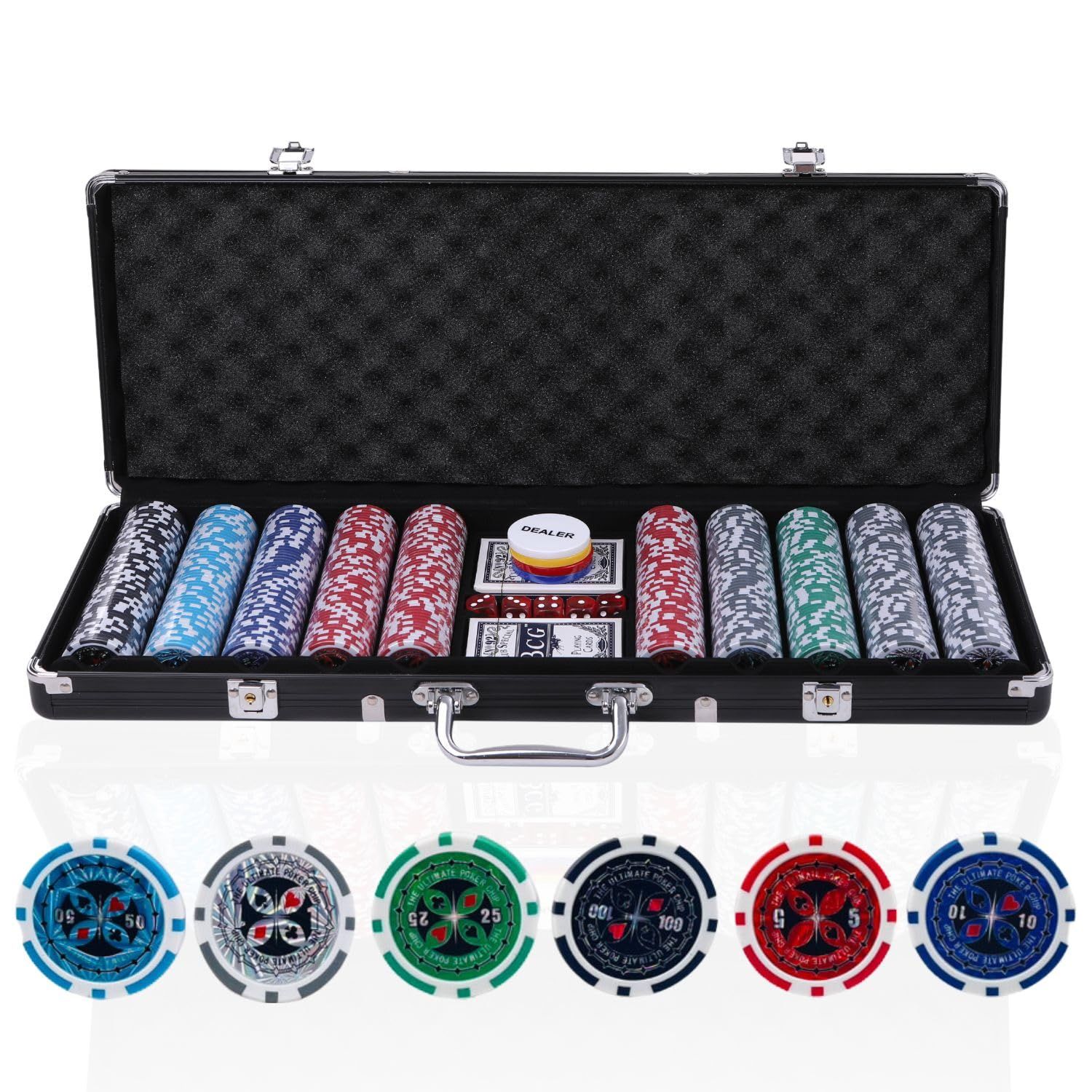 カジノセット ポーカーセット 【本格的なポーカー体験を貴方に】 カジノチップ チップ ポーカーチップ 麻雀チップ カジノ ポーカー 麻雀 ゲームチップ 5色 100枚 200枚 300枚 500枚 (数字あり-ブラックアルミケース付-500枚) 0