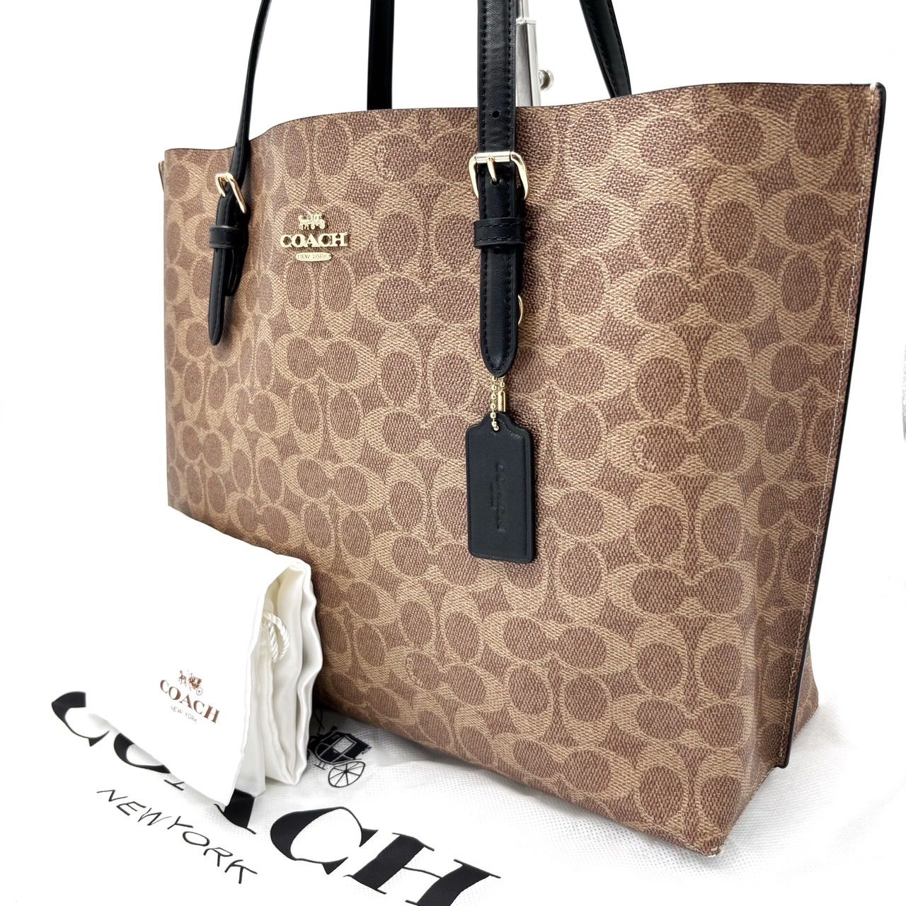 【料金】COACH all beige signature pvc black leather tote bag unisex コーチ トートバッグ