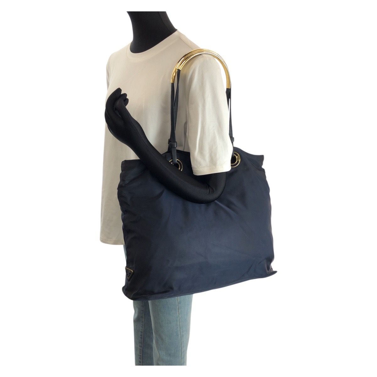 PRADA プラダ テスート 三角ロゴプレート ネイビー ゴールド金具