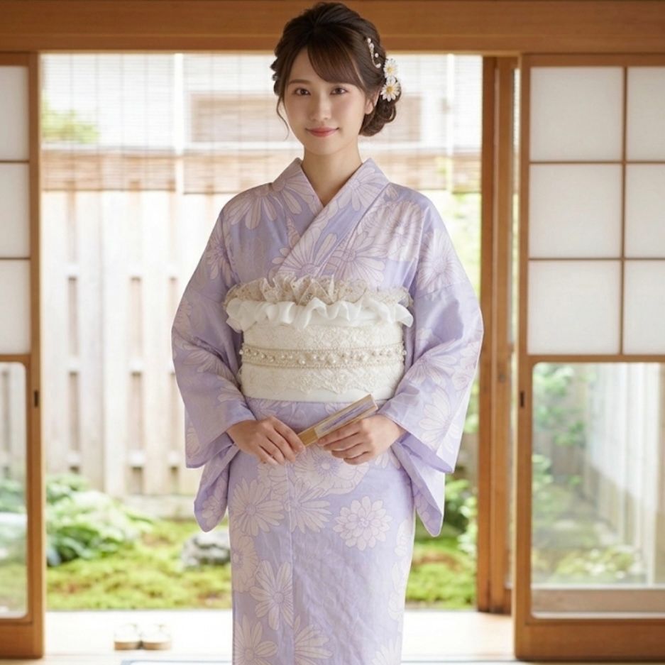 帯揚げ 帯締め 作り帯 黒金フリル 成人式振袖 浴衣着物 セット髪飾り 