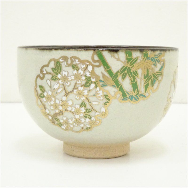 京焼 宮地英香造 色絵草花茶碗（箱付） 茶道 抹茶 おしゃれ 抹茶茶碗