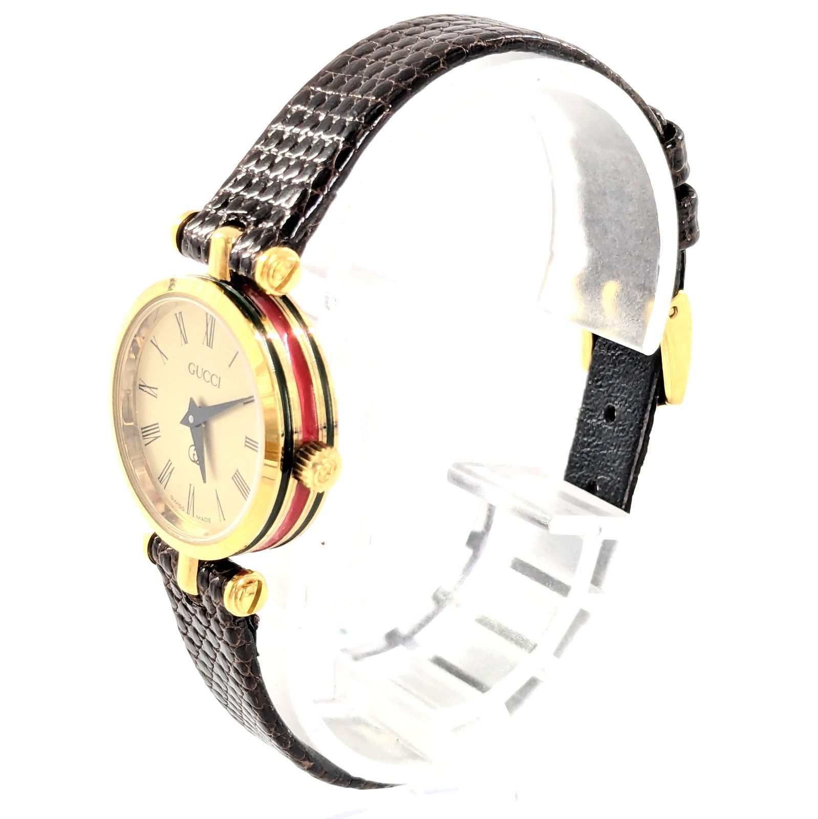 GUCCI グッチ シェリーライン SS×革/QZ ゴールド文字盤 レディース腕時計 稼動品 箱【QG-21】
