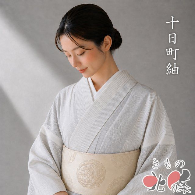 未使用品　和服　正絹　縦縞模様　十日町(紬)仕付け糸　早い者勝ち 十日町紬 着物 中古 正絹 単衣 カジュアル 縦縞模様 亀甲絣模様 生成色