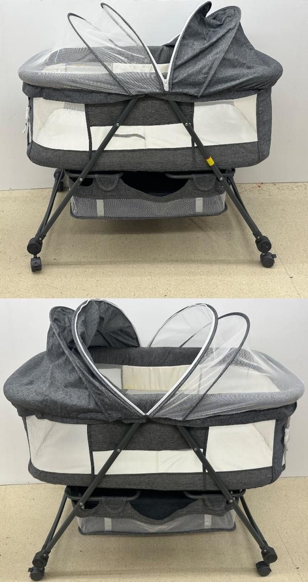 中古品】折りたたみベビーベッド グレー キャスター メッシュカバー