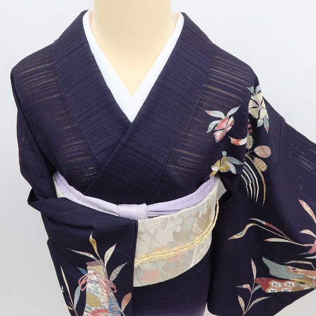 ✾まめ藤✾m3111＊作家物落款 正絹 変則絽 勝ち虫❀笹に短冊、撫子や