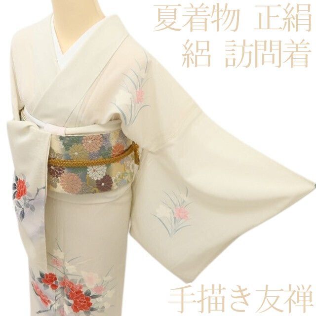 百華❀Y5030◇正絹 仕付け糸付き 夏着物 手描き友禅 絽 訪問着 - メルカリ