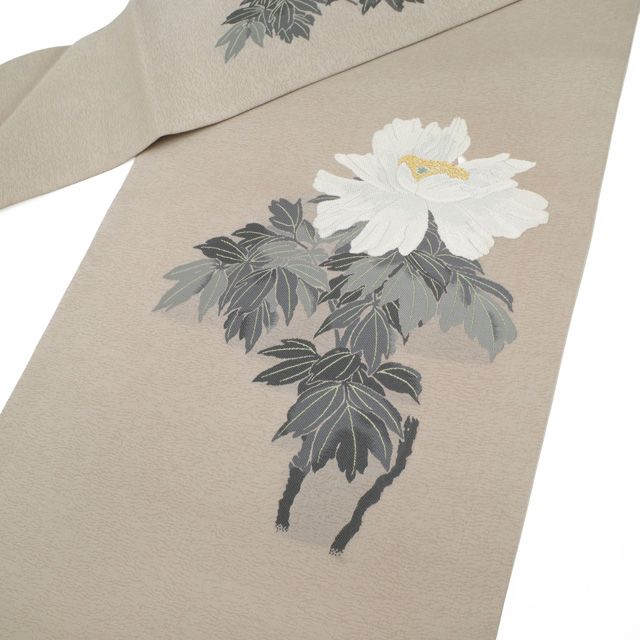 Ｍ*。様 名古屋帯 花柄 グレー系 牡丹 新古品】 名古屋帯 未使用 正絹 九寸 横山大観 牡丹 ぼたん 花柄 名画