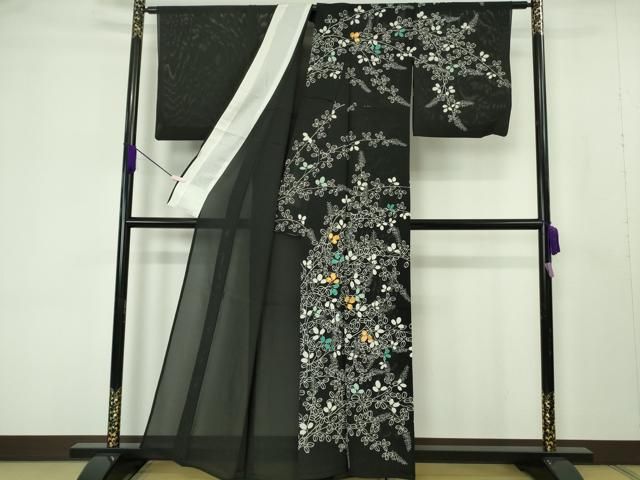 平和屋本店＊極上 夏物 訪問着 絽 駒刺繍 花萩文 黒地 金糸 逸品
