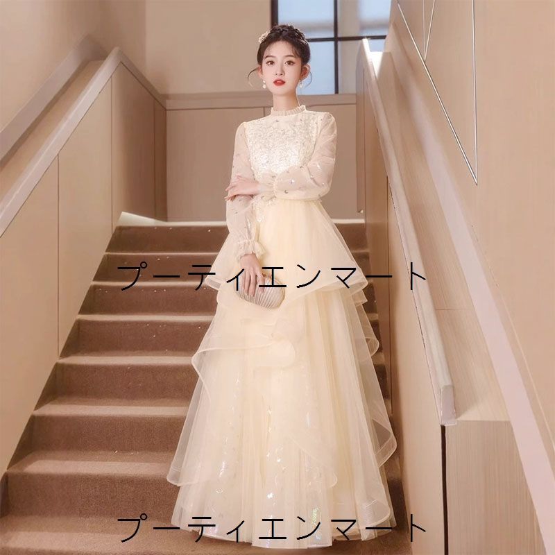 人気商品 ウエディングドレス 二次会 前撮り 大きいサイズ 結婚式/二次会ドレス 海外挙式 ウェディングドレス ライトドレス 花嫁ドレス ロングドレス 後撮り 結婚式 スレンダードレス 長袖 ワンピース 宴会 司会者　シャンパン キラキラ スパンコール