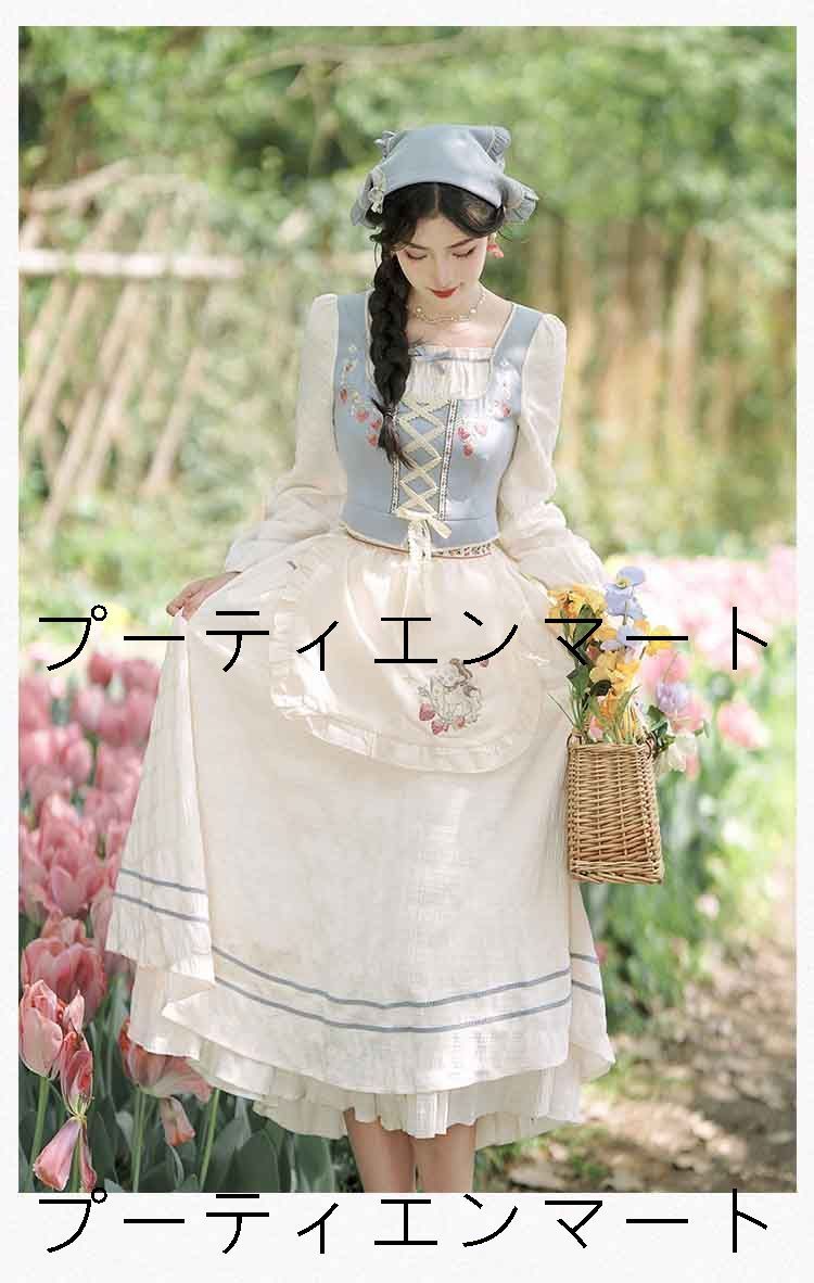 人気商品 春夏新作 レディース 森ガール風 レトロ刺繍 シフォン切り替え フェイクレイヤードワンピース+スカーフ+エプロンセット 大人可愛い ナチュラルコーデ