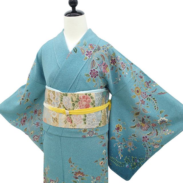 新古品】 訪問着 着物 正絹 袷 手染め 金彩加工 水色 ブルー系 花鳥