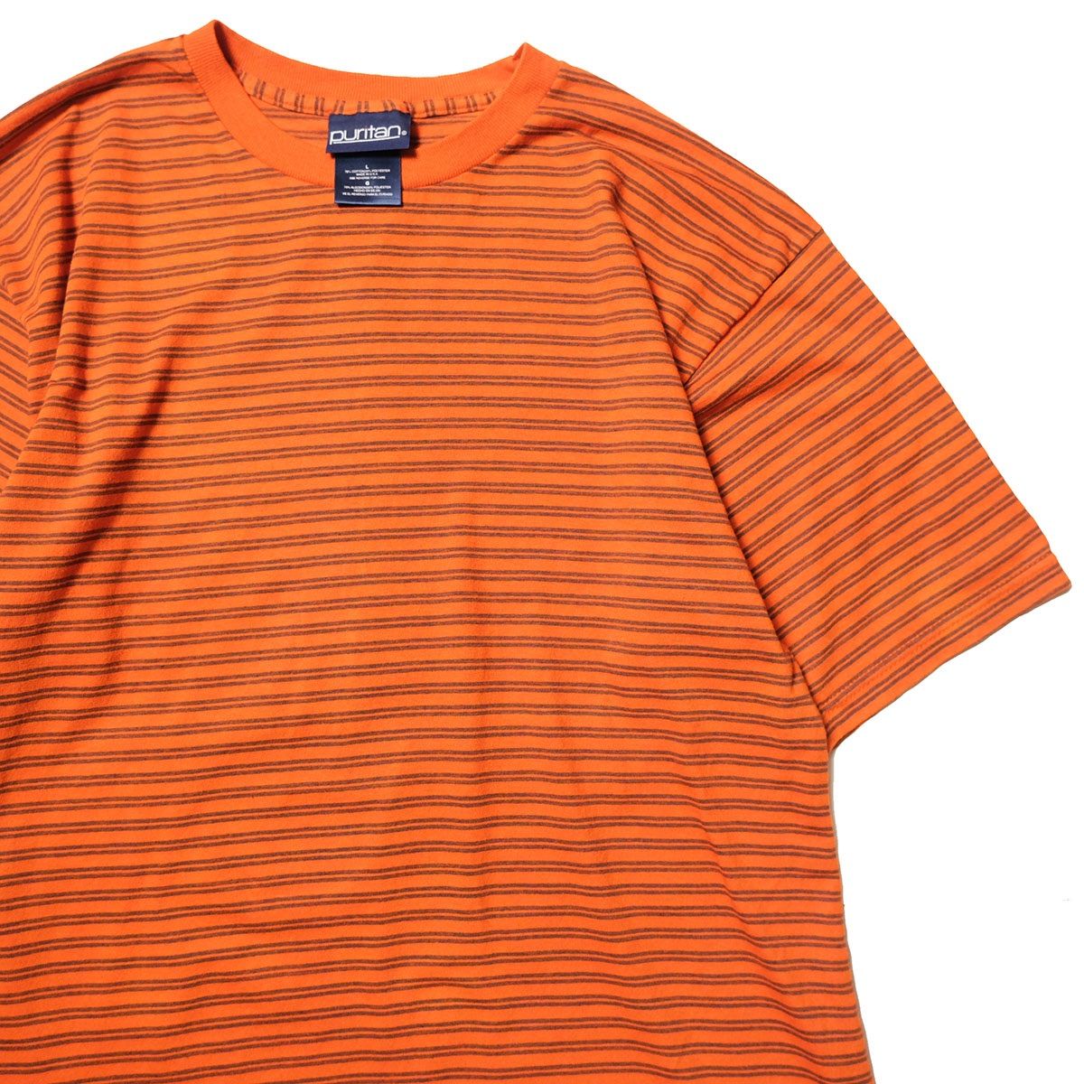 90's 00's USA製 ピューリタン ボーダー クルーネック コットン Tシャツ 半袖 (L) オレンジ系 無地 90年代 アメリカ製 旧タグ オールド アメリカ古着 USED ビンテージ ヴィンテージ