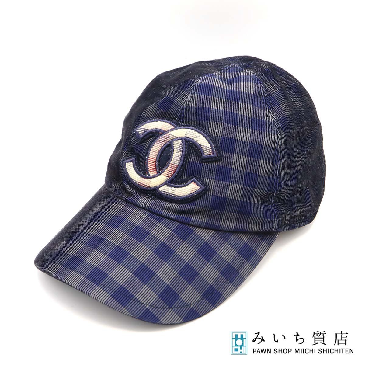 CHANEL シャネル キャップ 帽子 ココマーク チェック柄 ネイビー M