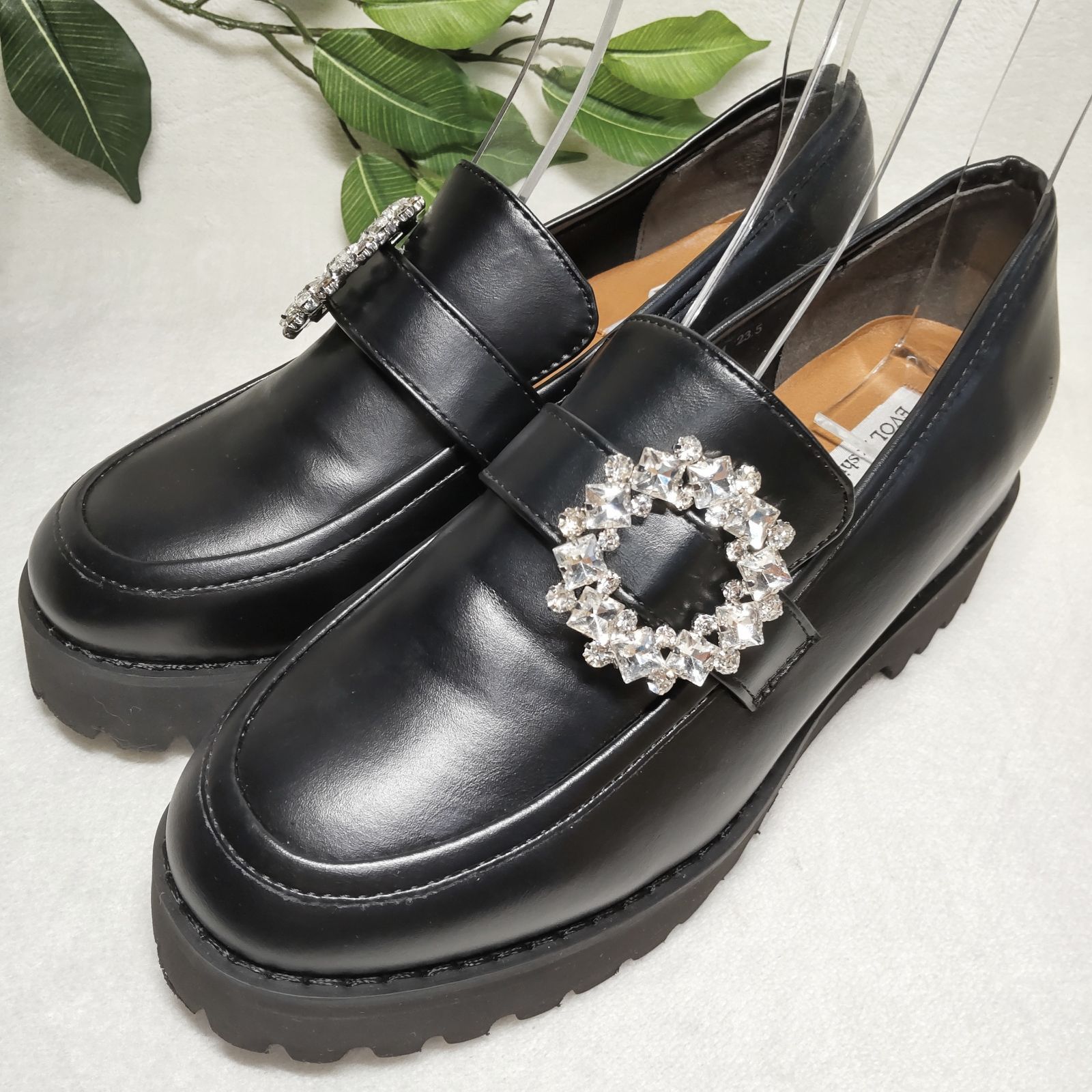 【良品】EVOL/イーボル/紫帆さんコラボ/厚底/ローファー/ビジューバックル/ブラック/黒/23.5cm 7,400円