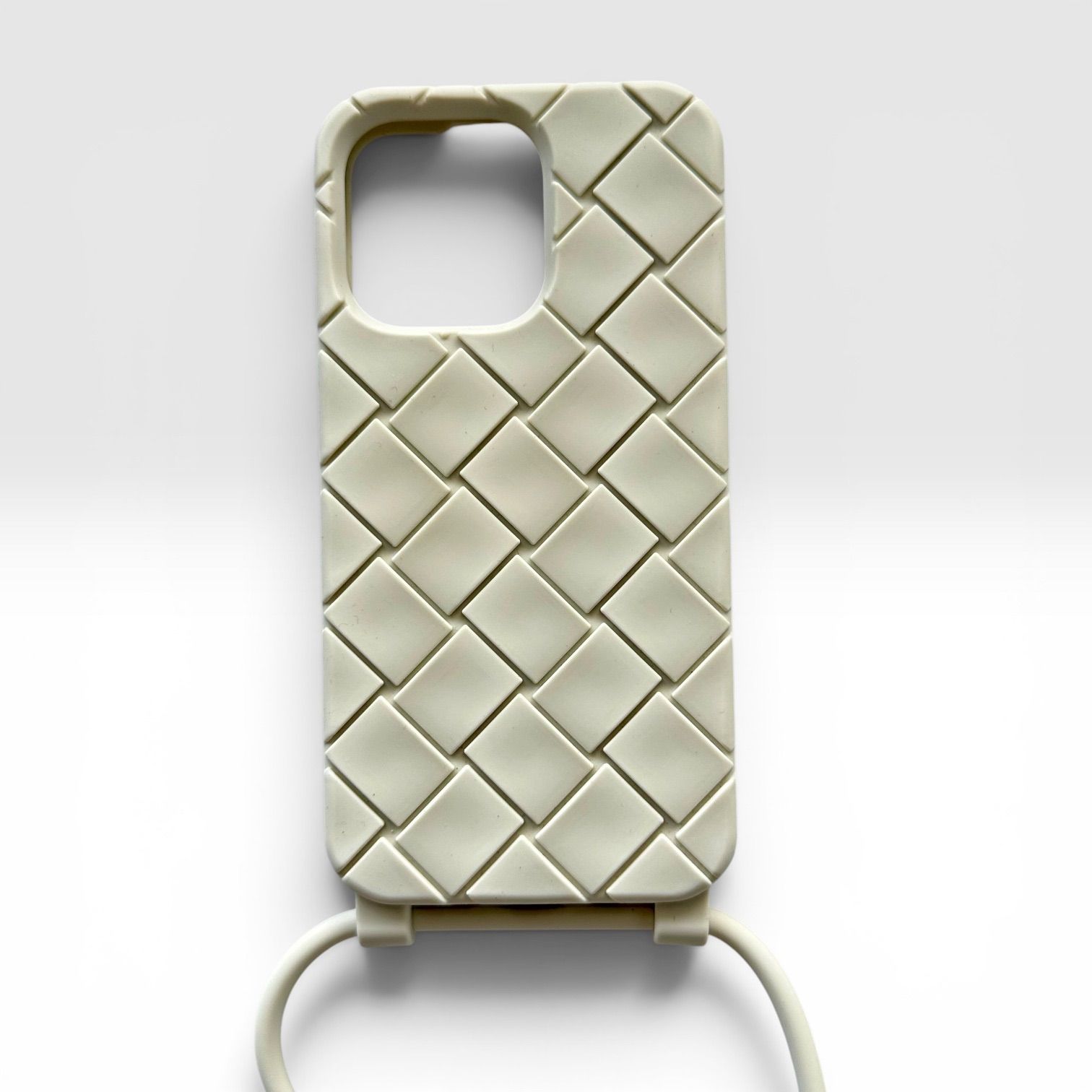 新品BOTTEGA VENETA IPhone13pro ラバーテックケース 白 美品ボッテガiPhone13Proケース イントレチャート白 ストラップ付