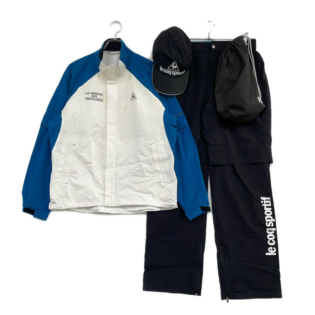 中古 メンズ ルコックスポルティフ le coq sportif レインウエア L 白×ブルー 2WAY 上下 収納袋＆レインキャップ付き