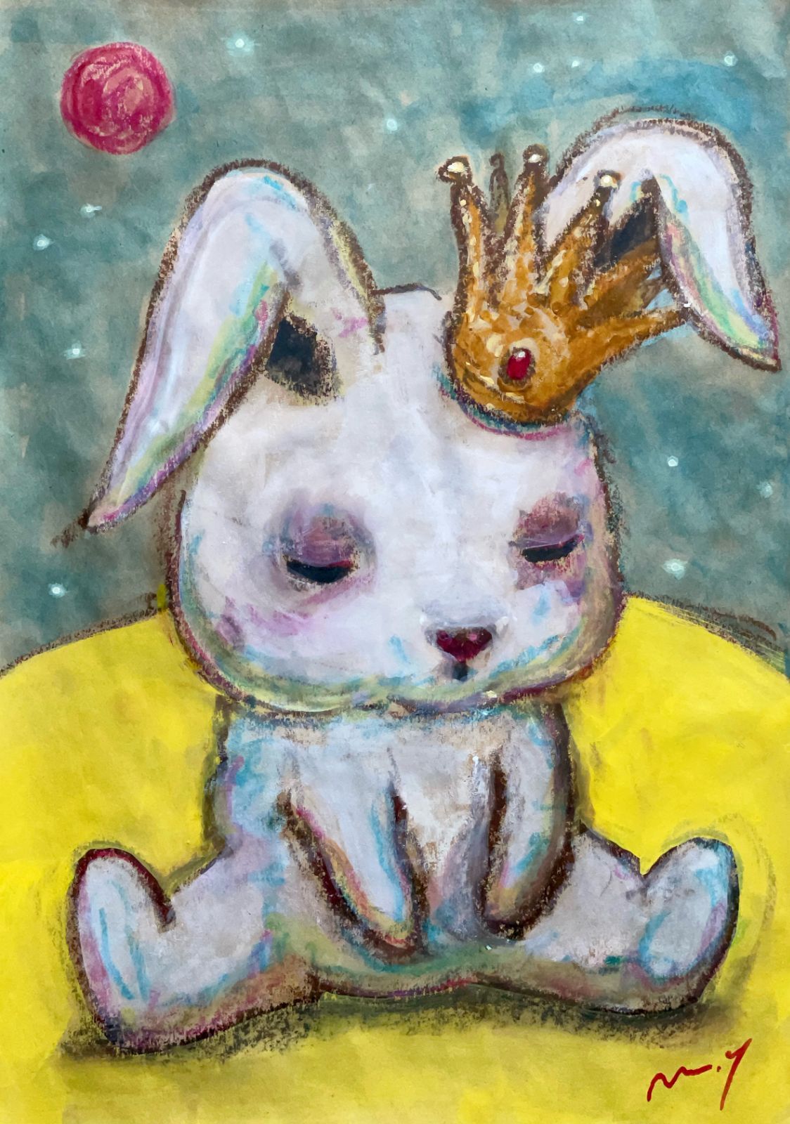 高野マナブ 原画｜[ウサ王子、月でうたた寝] Drawing A4 アクリル 一点物 Manabu Takano 髙野學 Moon Sun Rabbit 月と太陽とウサギ Louvre Uffizi Japan 台湾 現代美術家