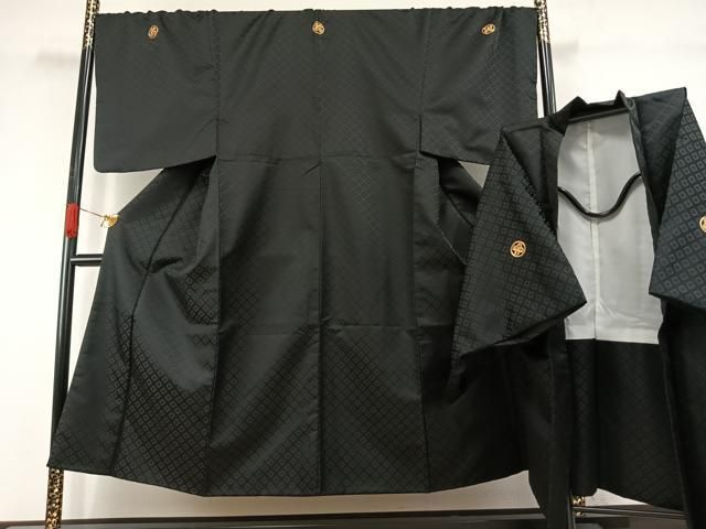 平和屋着物●男性 黒紋付 羽織セット 菱地紋 キングサイズ 洗える着物 AABI1866fy