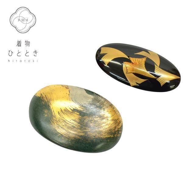 帯留 2点セット 三分紐用 1.5cm幅用 木製 陶器 リサイクル帯留 緑 黒 金色系 銀杏文様 帯締め 帯留め 和装小物 着付け小物 帯どめ 着物 kkb3133b