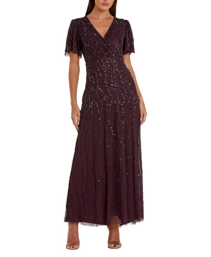 マックダガル レディース アンダーウェア ナイトウェア Mac Duggal Embellished Flutter Sleeve Gown Aubergine オーバージーン