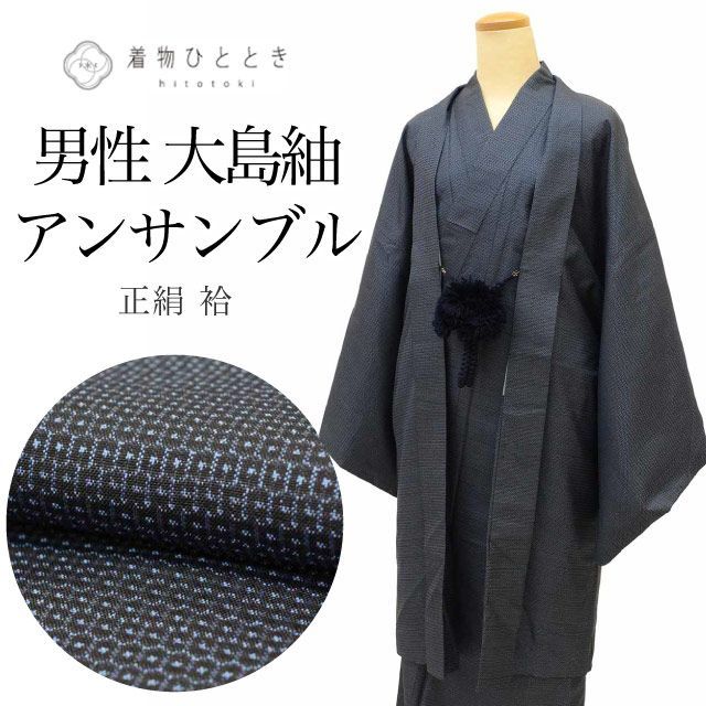 リサイクル着物 羽織 セット アンサンブル 男性 大島紬 正絹 裄70.5cm 身丈150cm LL 紺色系 亀甲絣文様 羽織紐付き メンズ uu2192b