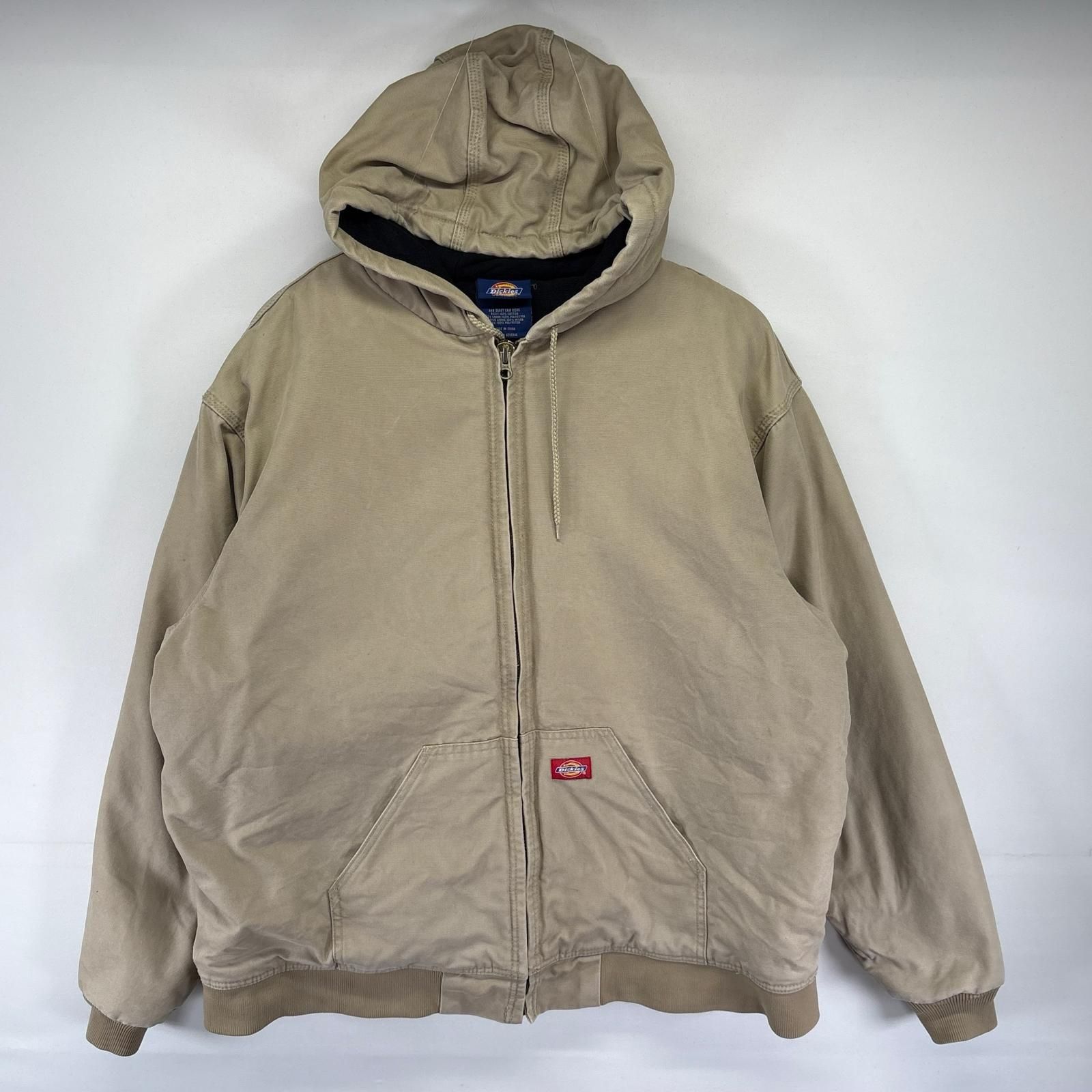 古着 ディッキーズ Dickies ダック ジャケット 中綿 フルジップ ワンポイント ワーク 大きいサイズ 2XL  ベージュ系 メンズ 古着 ディッキーズ Dickies ダック ジャケット 中綿 フルジップ ワン
