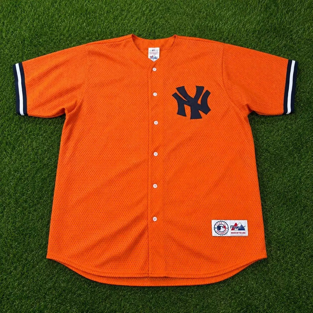 XL) Majestic 90s NEW YORK ニューヨーク・ヤンキース オレンジ メッシュ ベースボール ジャージ