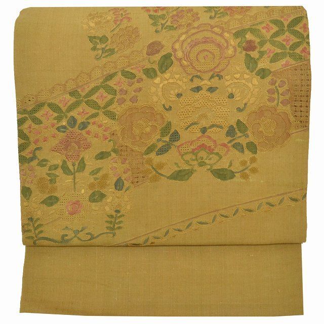 袋帯 リサイクル 正絹 仕立て上がり 小紋 紬 着物 洒落帯 茶系 花文様 スワトウ刺繍 相良刺繍 紬地 特品★★★★ 着物 中古 帯 リサイクル 振袖 浴衣 袴 和服 古着