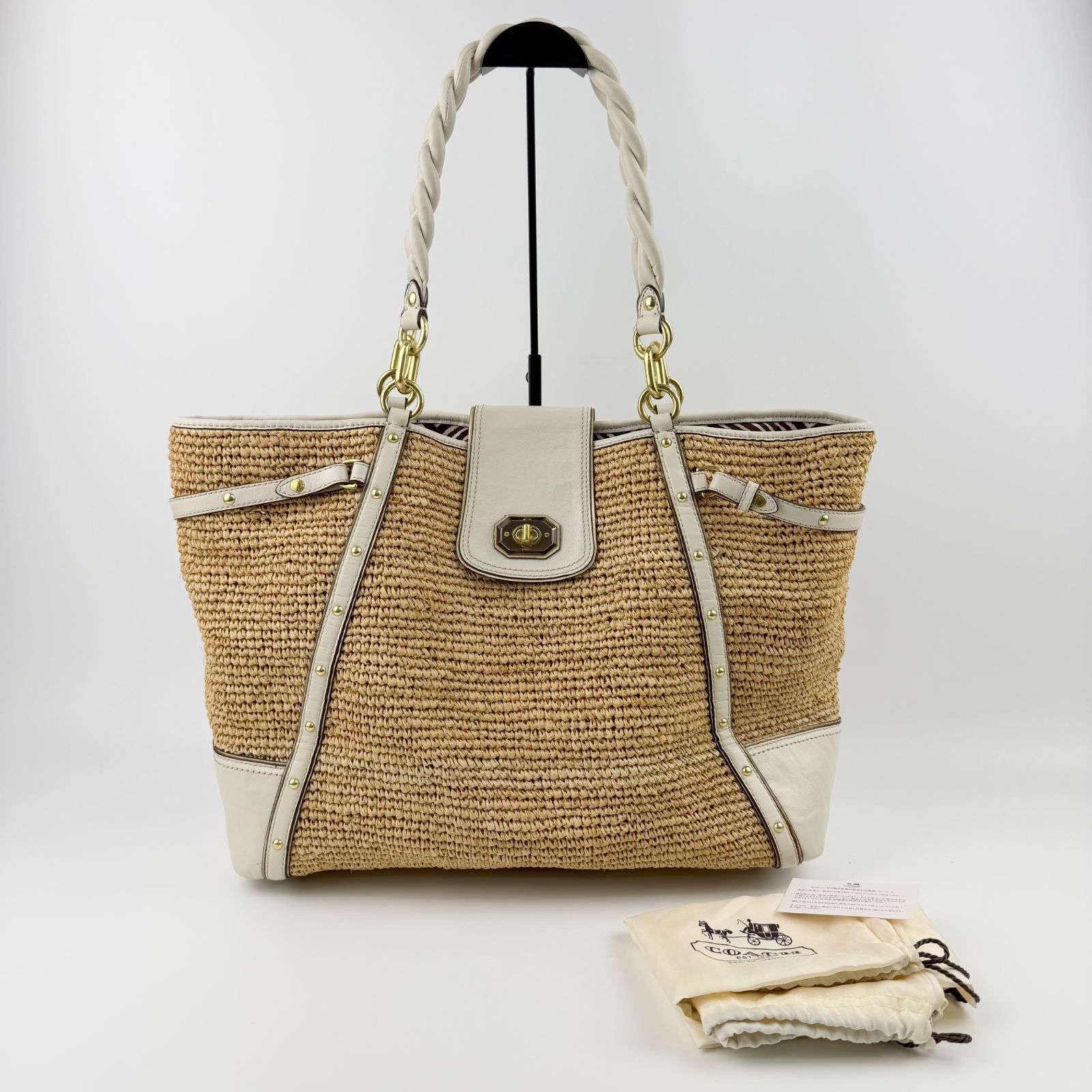 中古】COACH コーチ トートバッグ ラフィア レザー ベージュ ホワイト 