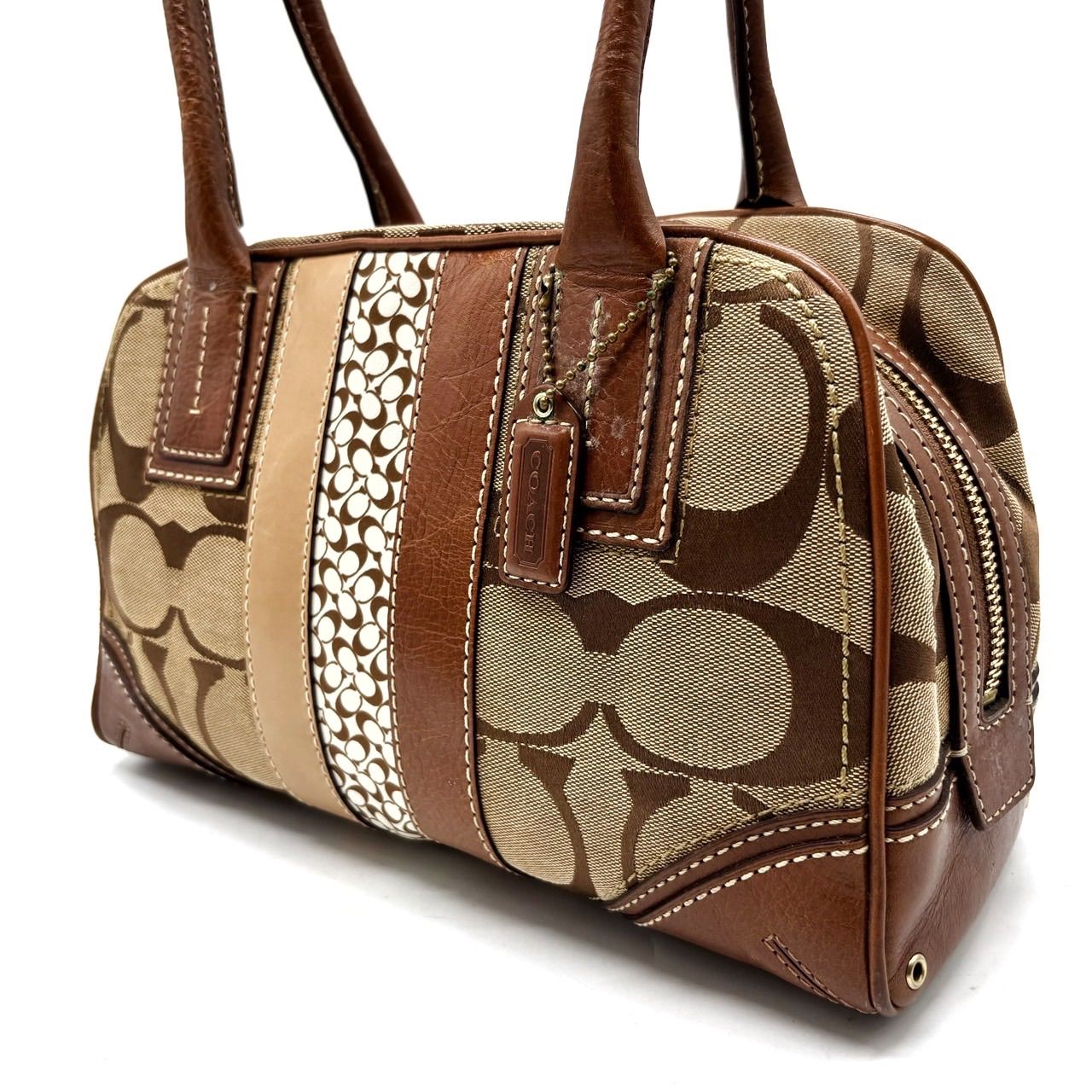 【良品】COACH Y2K big signature beige canvas leather mini boston bag unisex コーチ ボストンバッグ