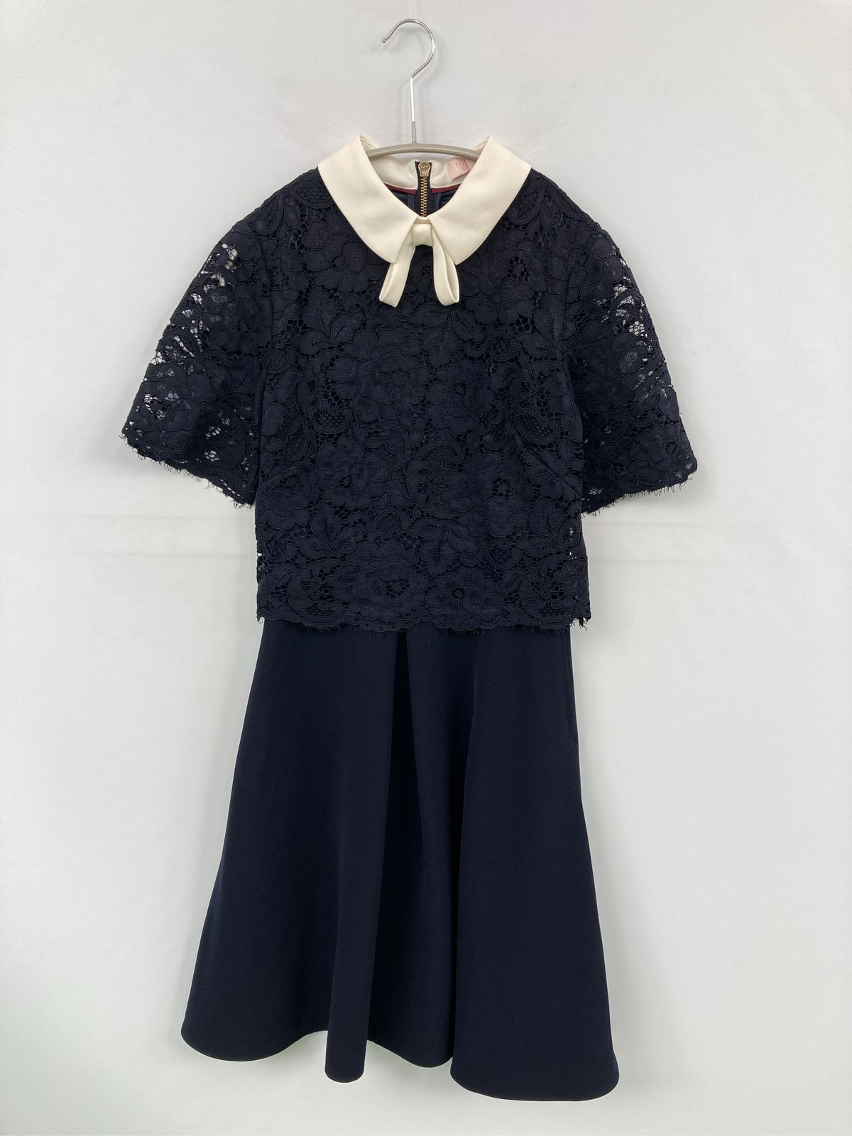 レディース TED BAKER ワンピース 0 ネイビー 無地 レース リボン 半袖 