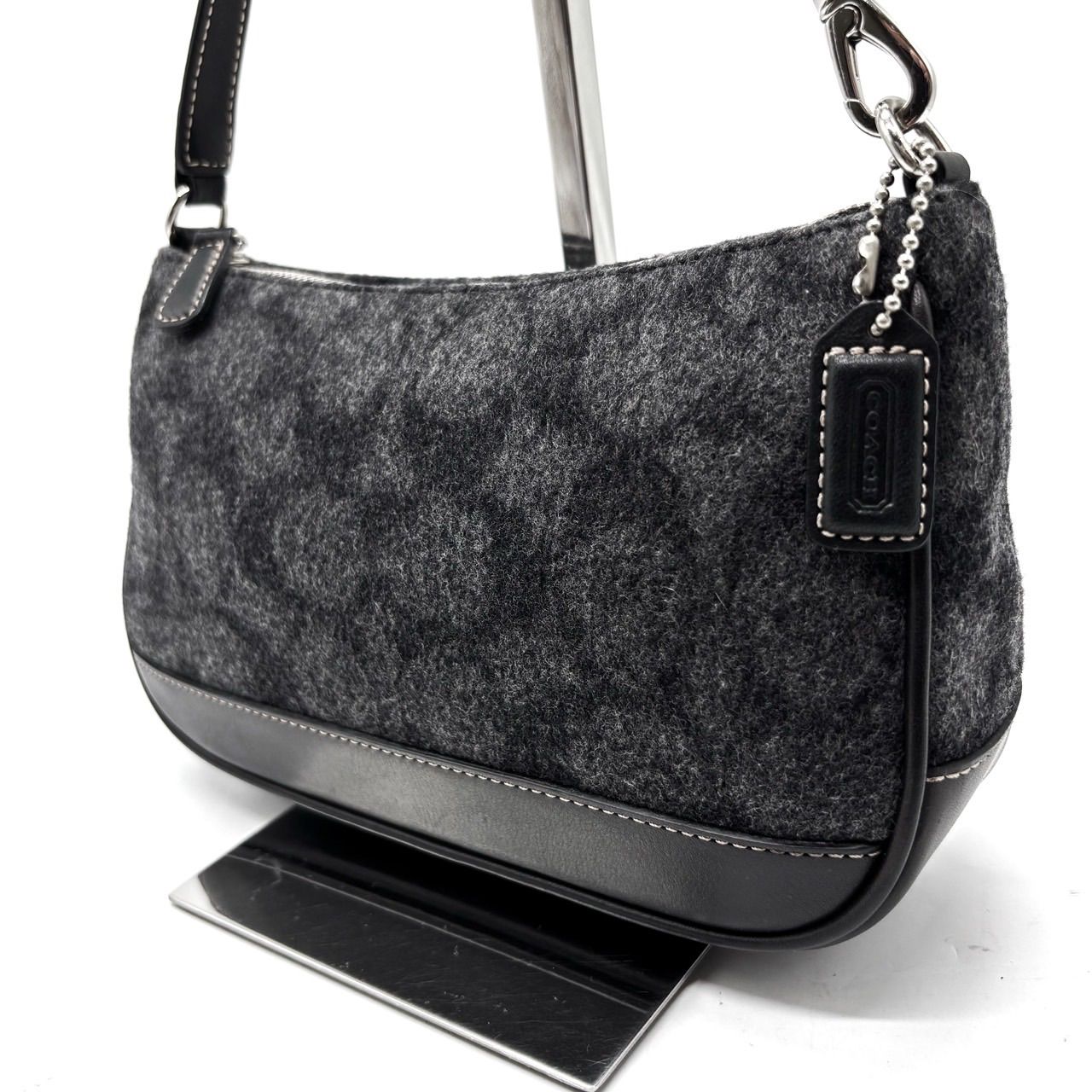 【良品】 coach y2k signature handbag accessoryporch wool gray×black ladies コーチ ハンドバッグ