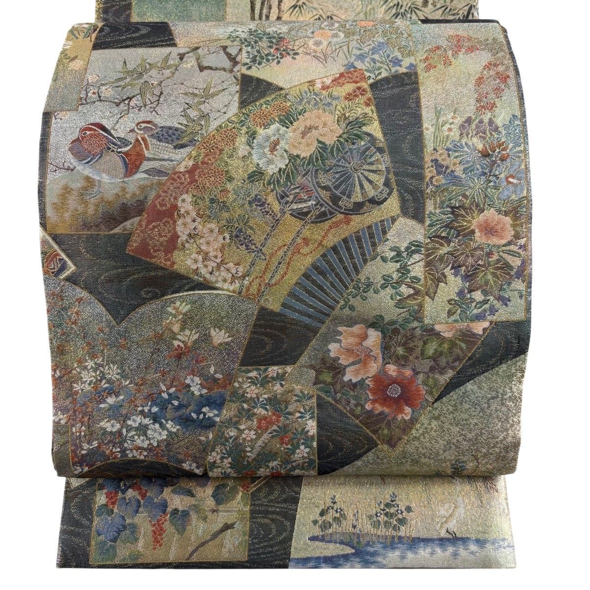 【美品】 丸帯 逸品 プラチナ本金箔 日本絵画全集 草花 箔 金色 お太鼓柄 正絹 【中古】