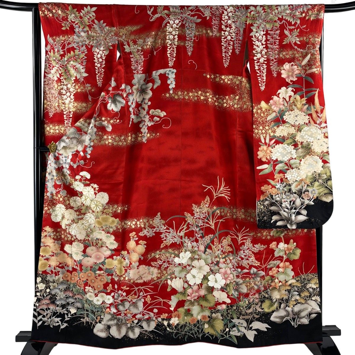 振袖 身丈163cm 裄丈65.5cm M 袷 菊 葡萄 金彩 染め分け 赤 正絹 名品 